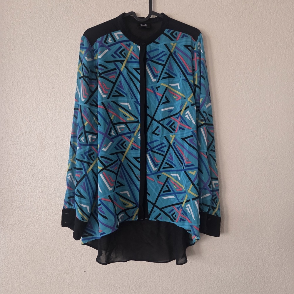 Nicole Miller Medium Blouse Multicolor Mock Neck Semi-Sheer Long Sleeve Y2K 90s